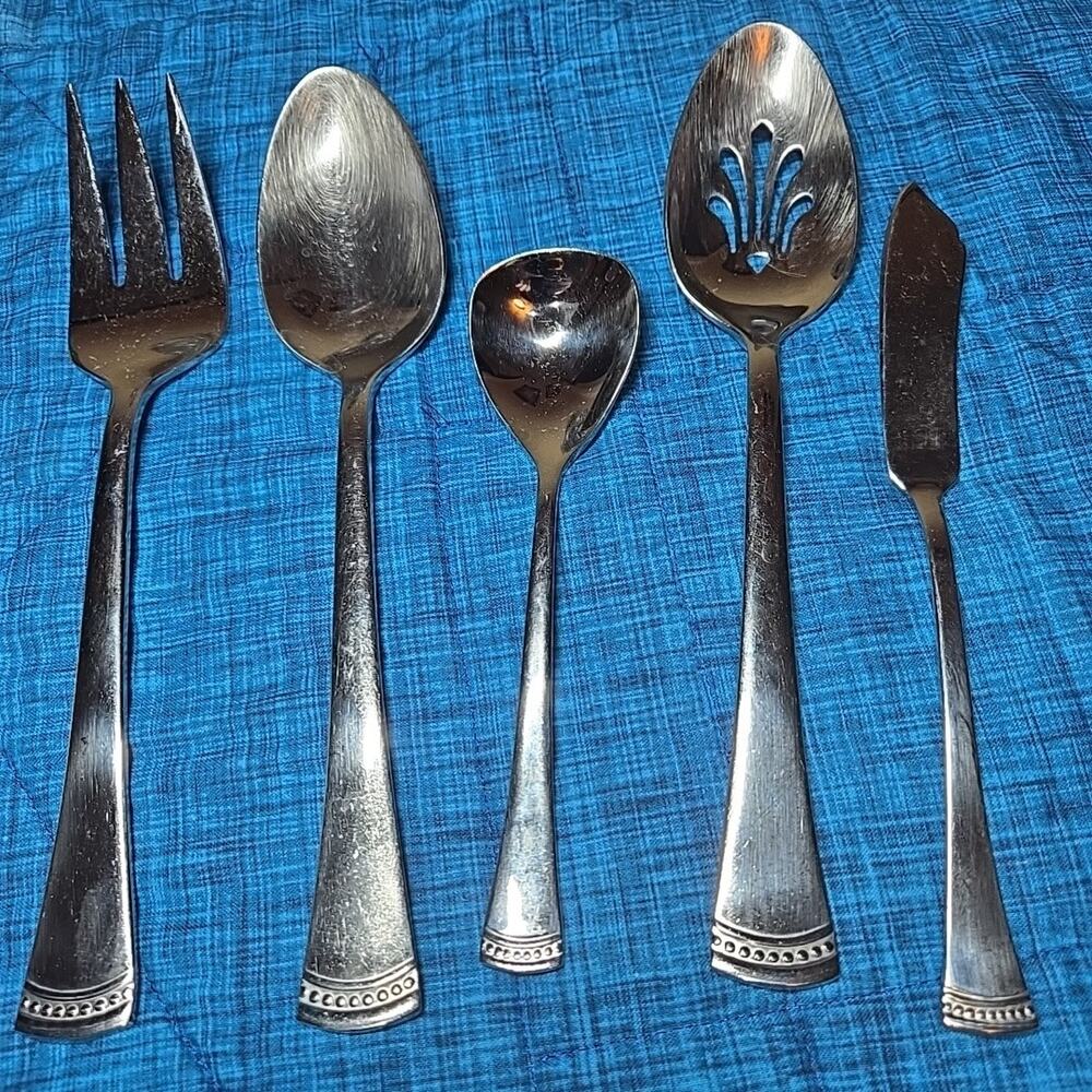 5 Pc Lenox PORTOLA Hostess Serving Set & Salad Fork Stainless Flatware 18/10
